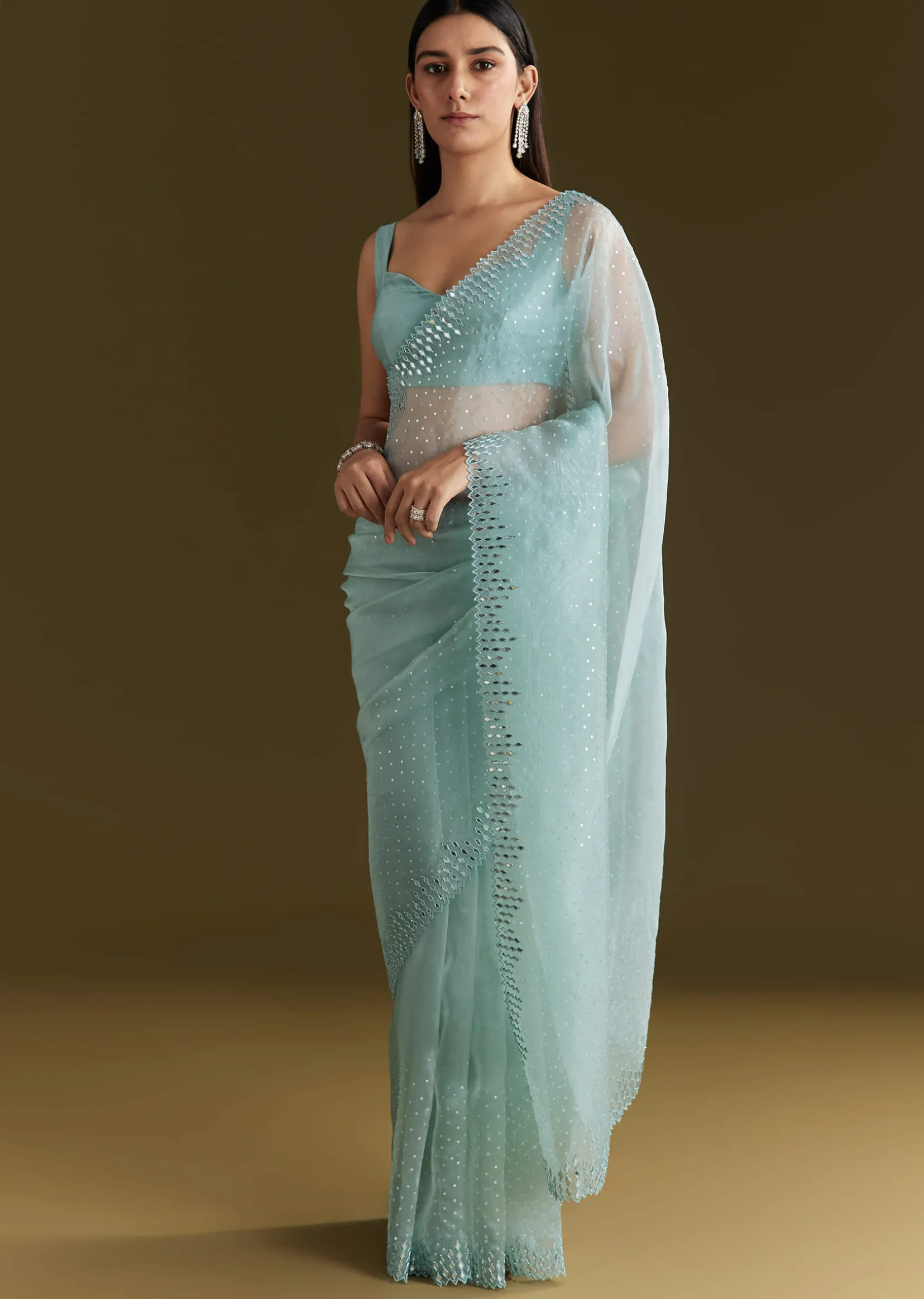 Light Blue Glossy Organza Saree With Scallop Border