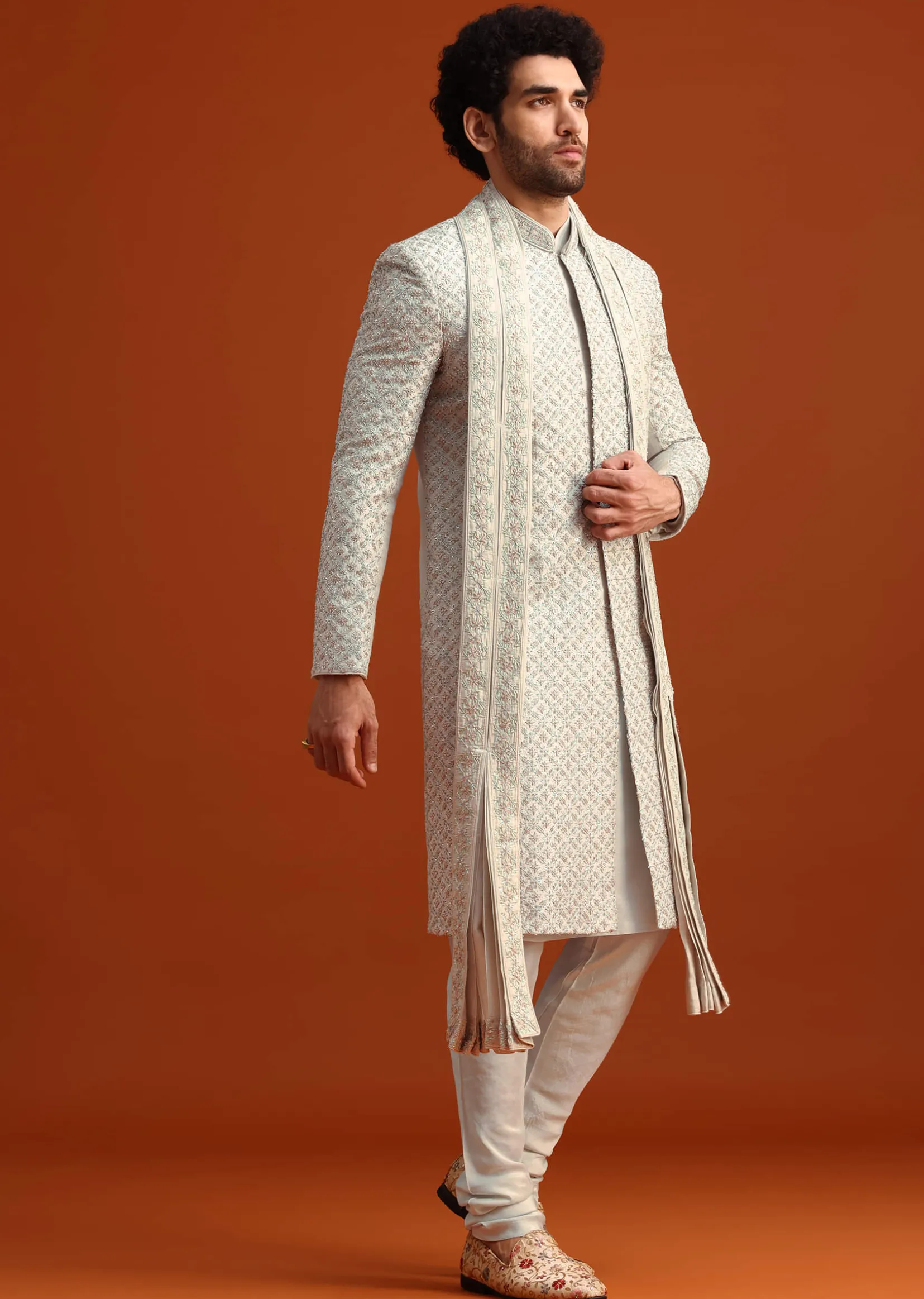 Light Blue Heavy Work Sherwani Set With Dupatta