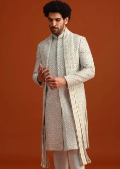 Light Blue Heavy Work Sherwani Set With Dupatta