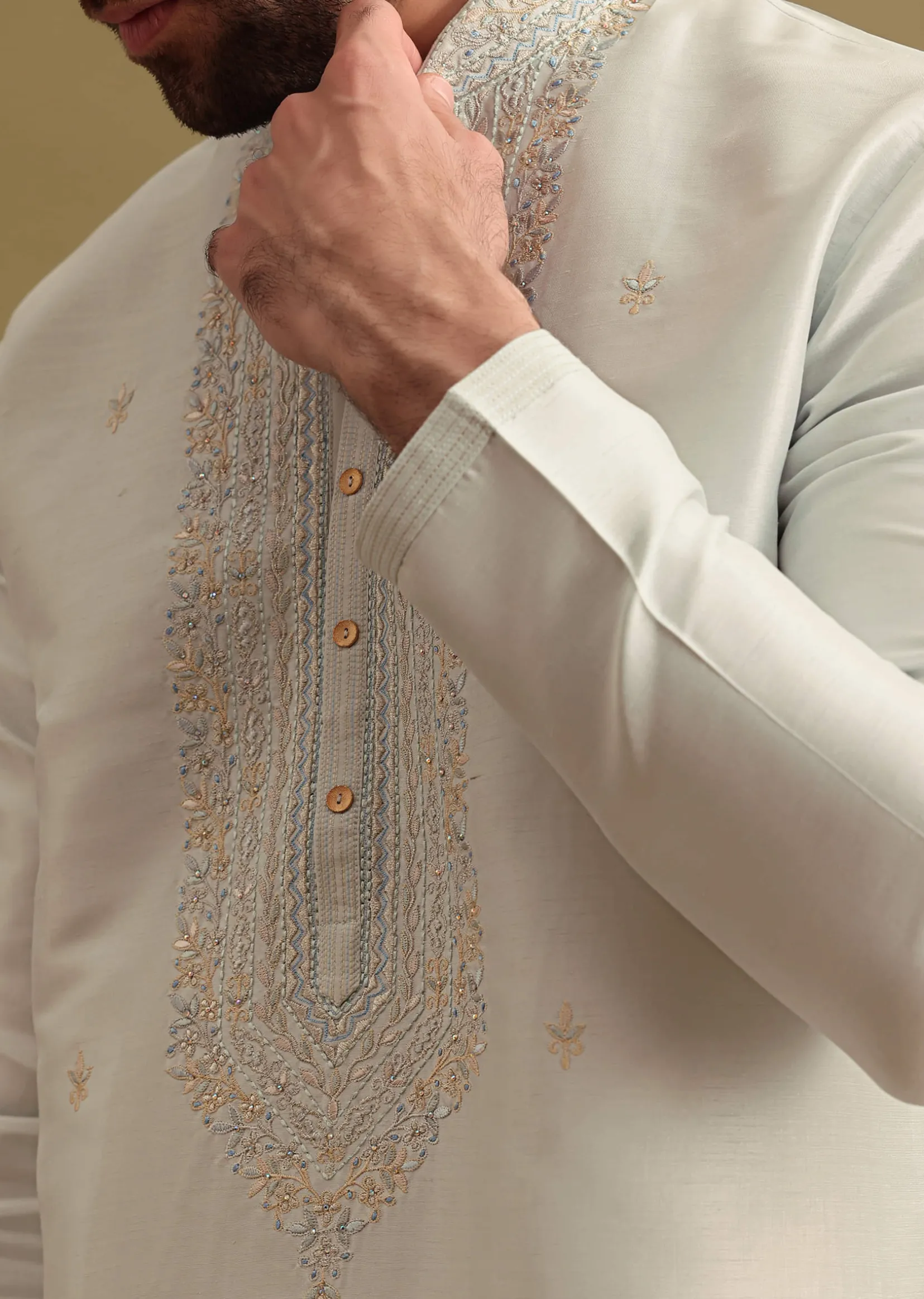 Light Blue Silk Kurta Set With Resham Work For Men