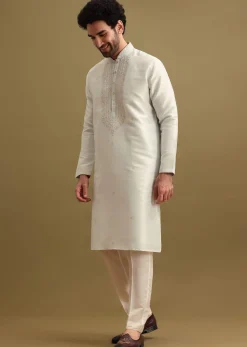 Light Blue Silk Kurta Set With Resham Work For Men