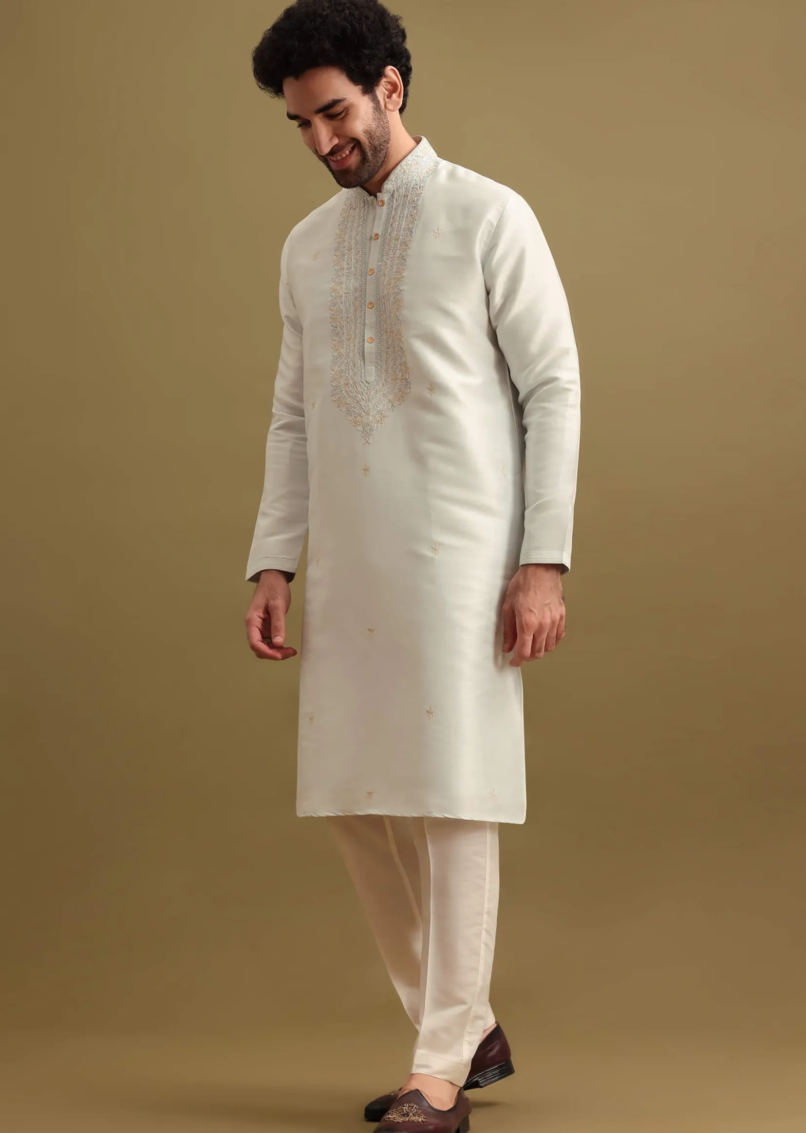 Light Blue Silk Kurta Set With Resham Work For Men