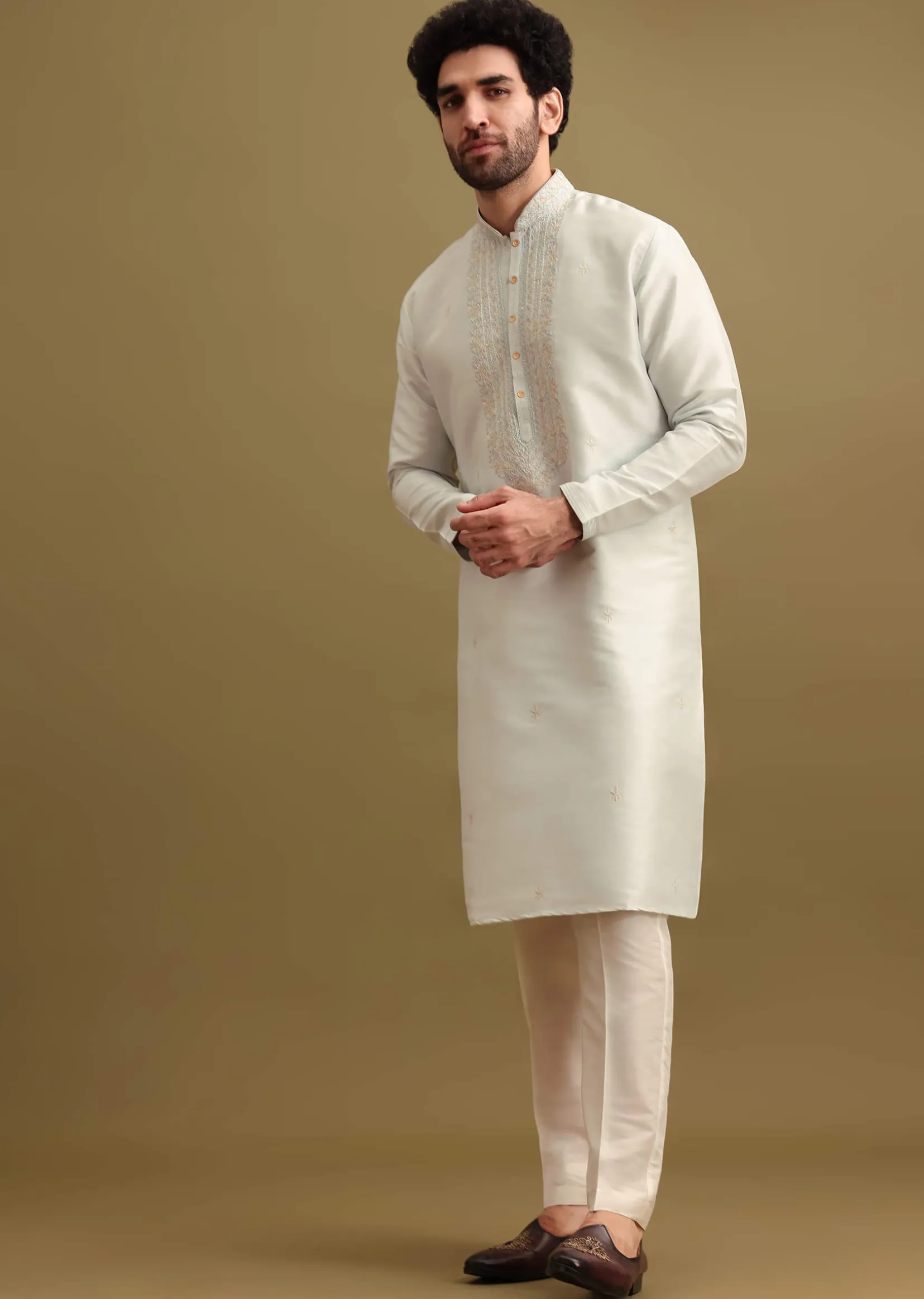 Light Blue Silk Kurta Set With Resham Work For Men