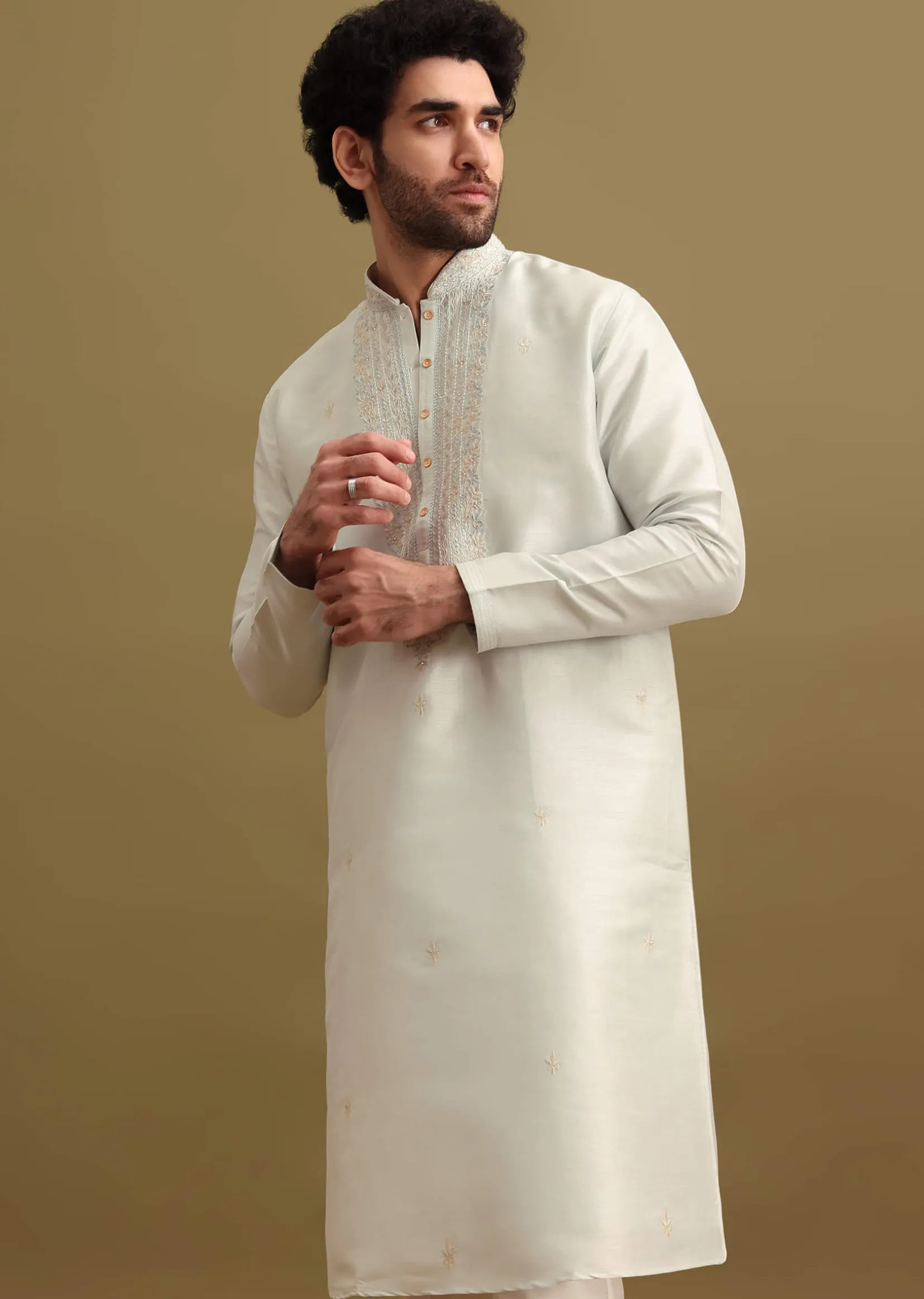 Light Blue Silk Kurta Set With Resham Work For Men