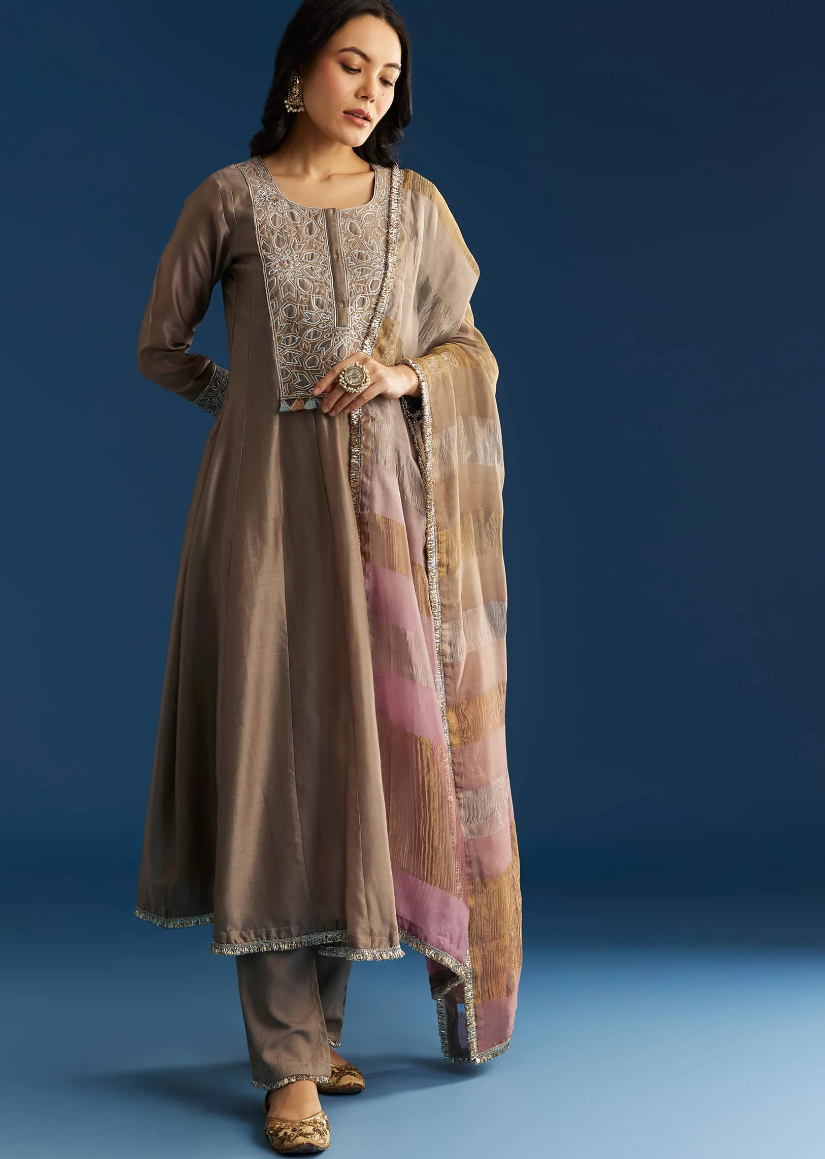 Light Brown Chanderi Anarkali With Gotta Lace And Crush Tissue Dupatta