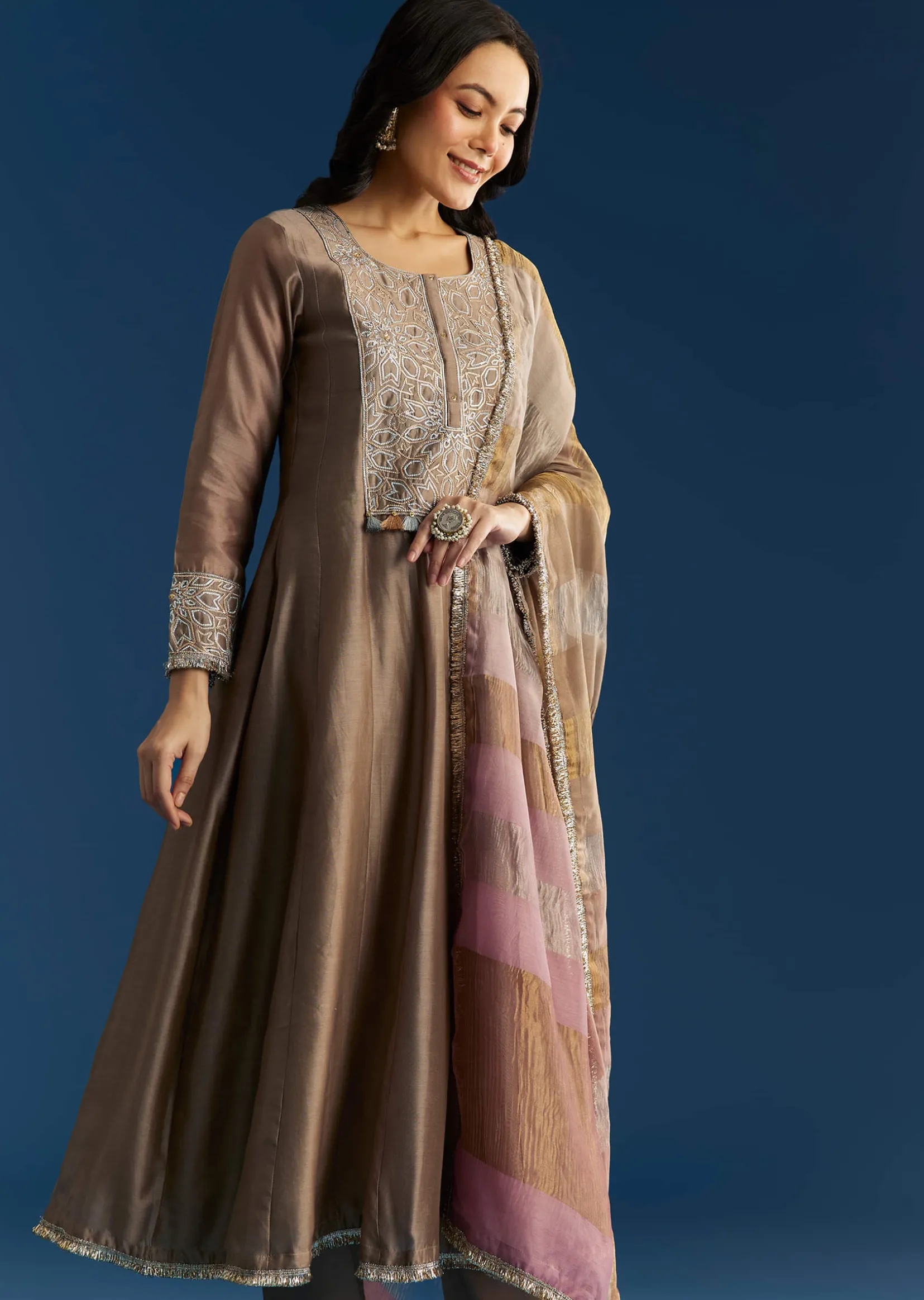 Light Brown Chanderi Anarkali With Gotta Lace And Crush Tissue Dupatta