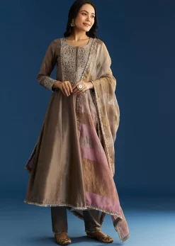 Light Brown Chanderi Anarkali With Gotta Lace And Crush Tissue Dupatta