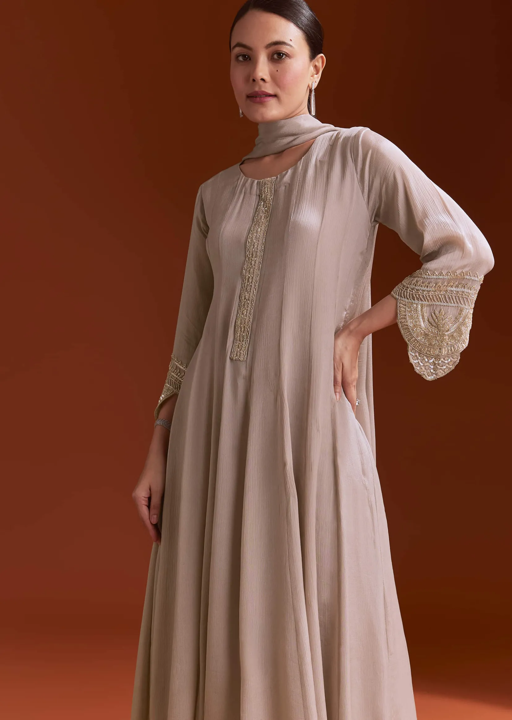 Light Brown Chinon Anarkali Suit With Moti And Zardosi Work