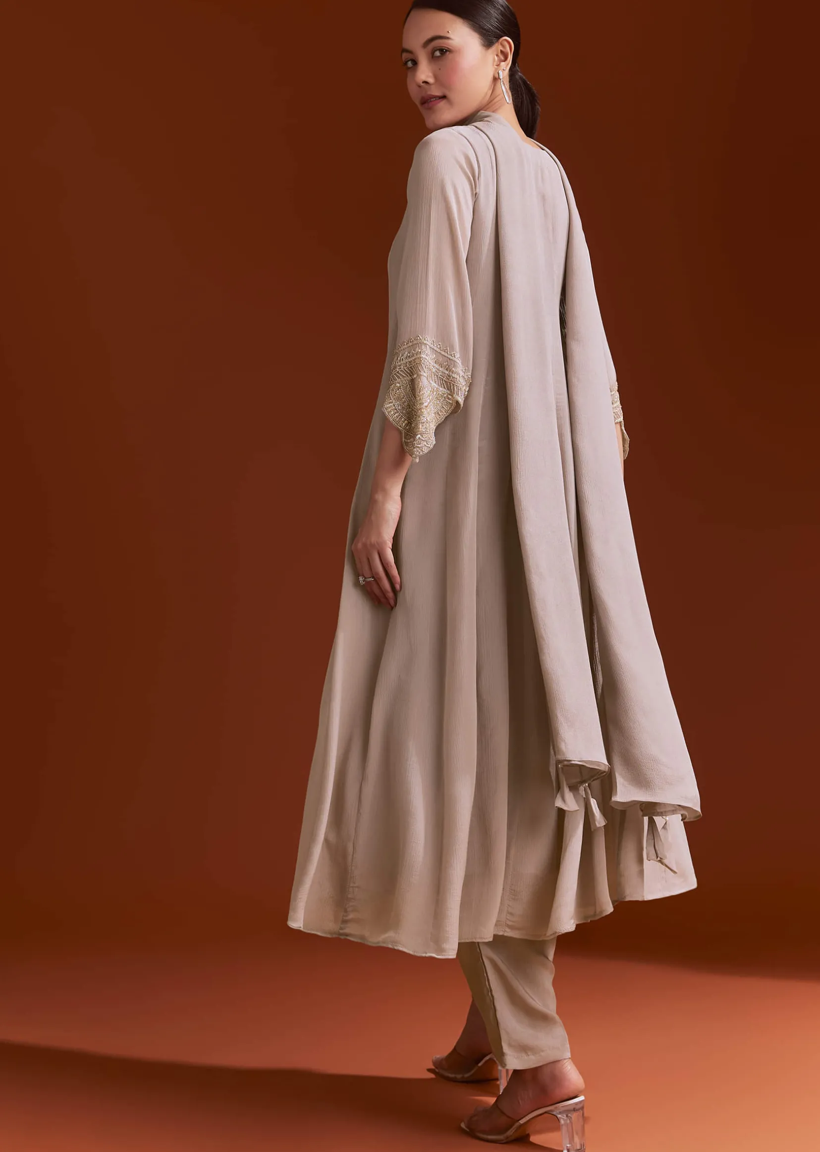 Light Brown Chinon Anarkali Suit With Moti And Zardosi Work