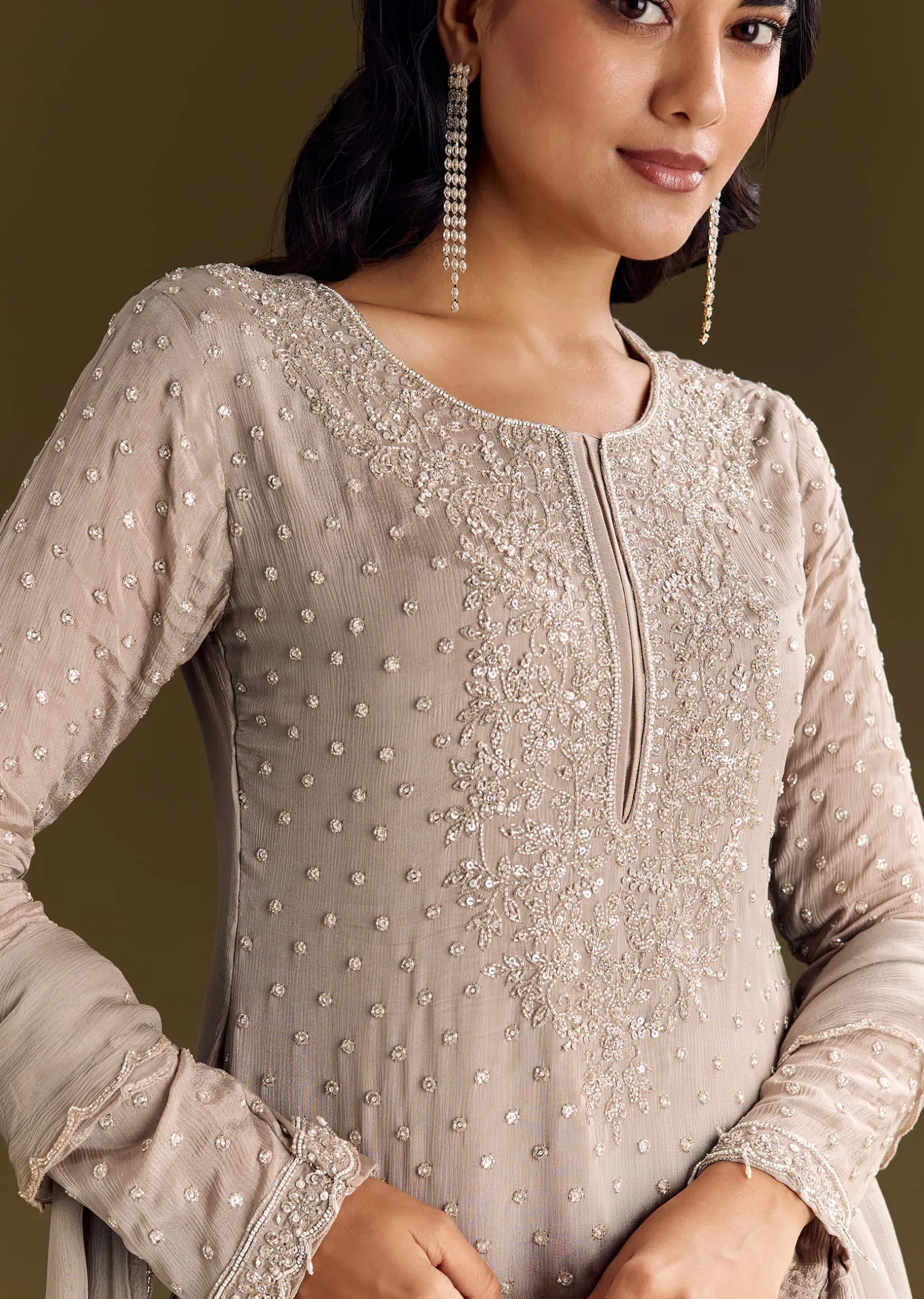 Light Brown Kurta Set With Sequins Palazzo And Dupatta