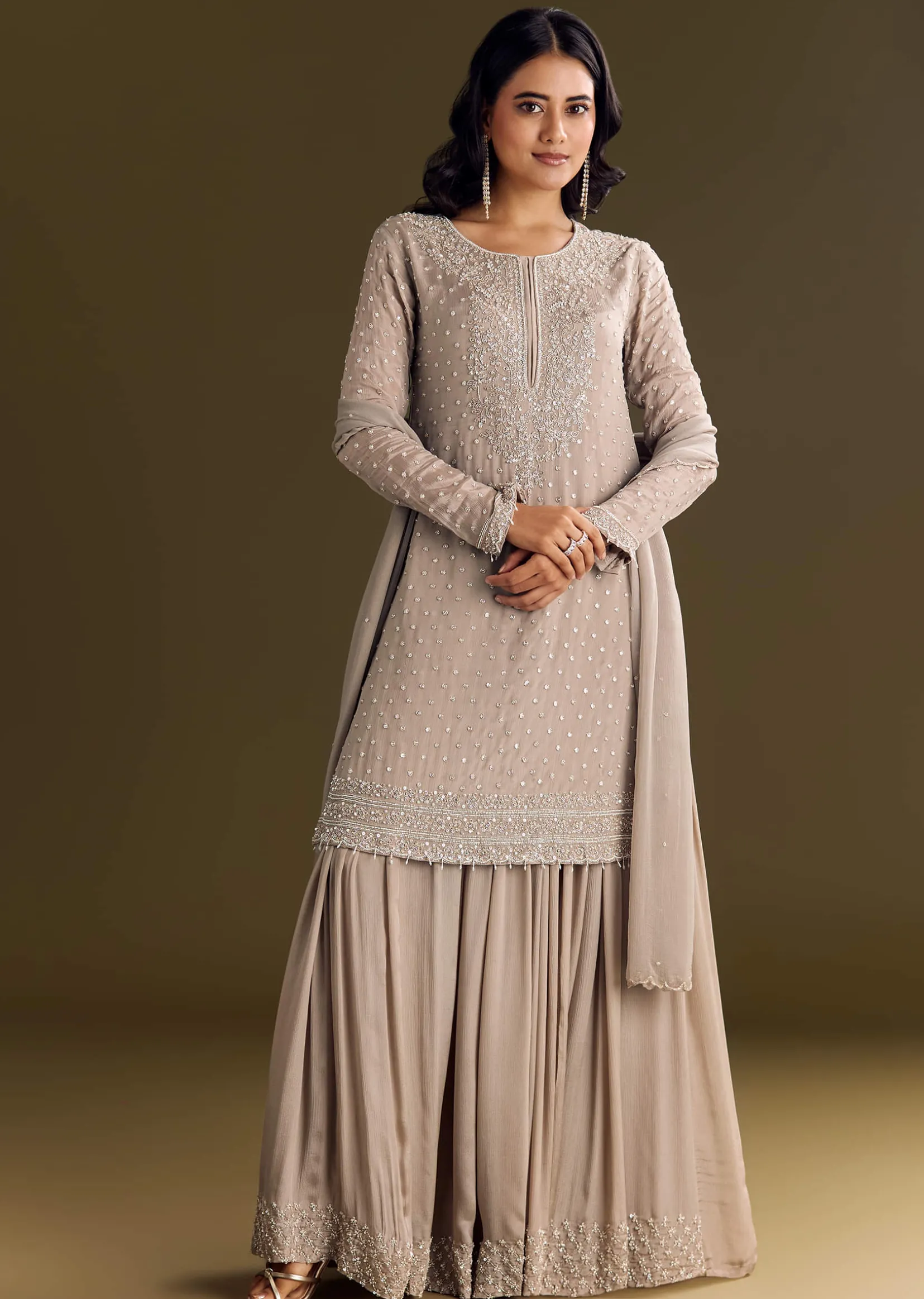 Light Brown Kurta Set With Sequins Palazzo And Dupatta
