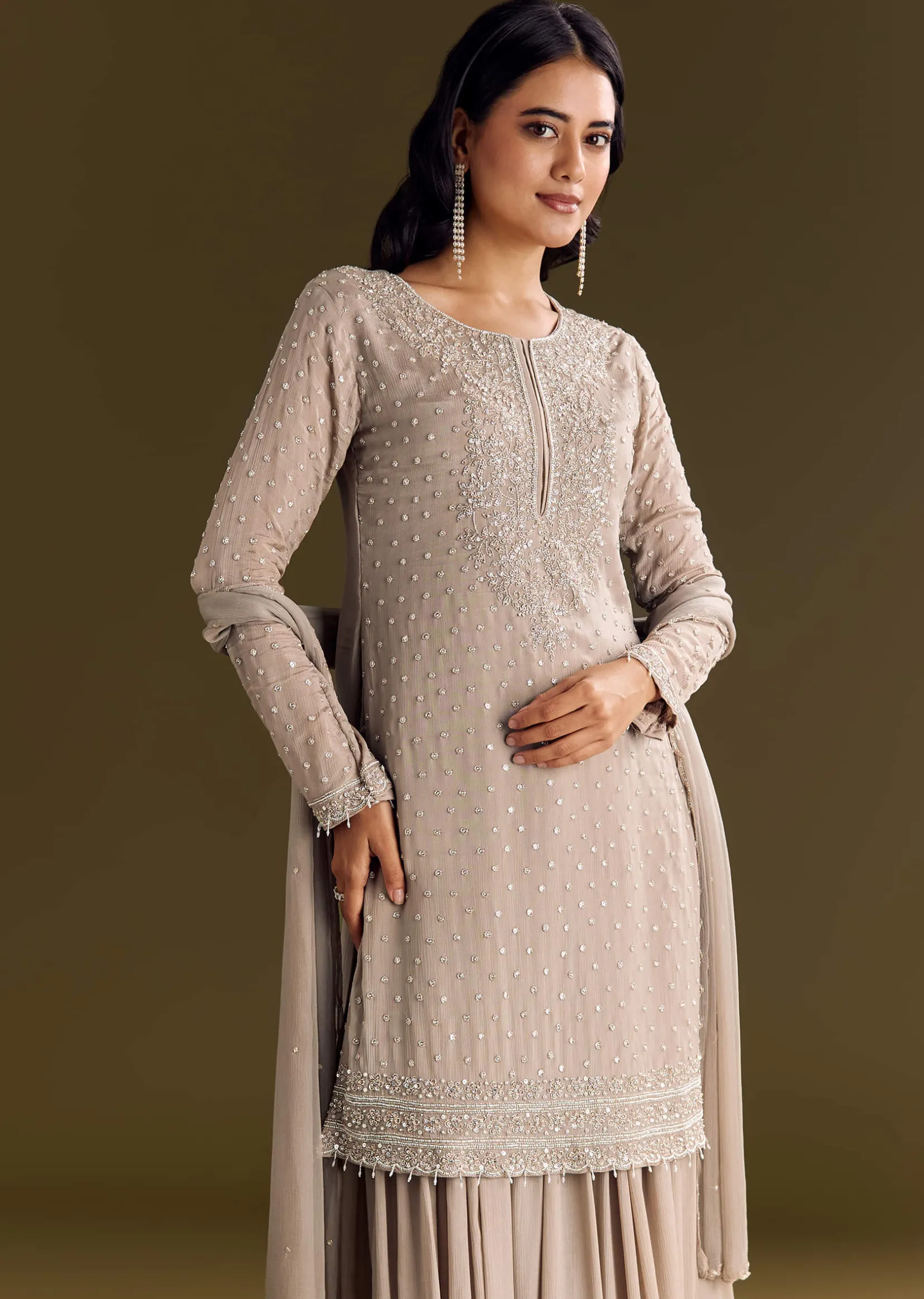 Light Brown Kurta Set With Sequins Palazzo And Dupatta