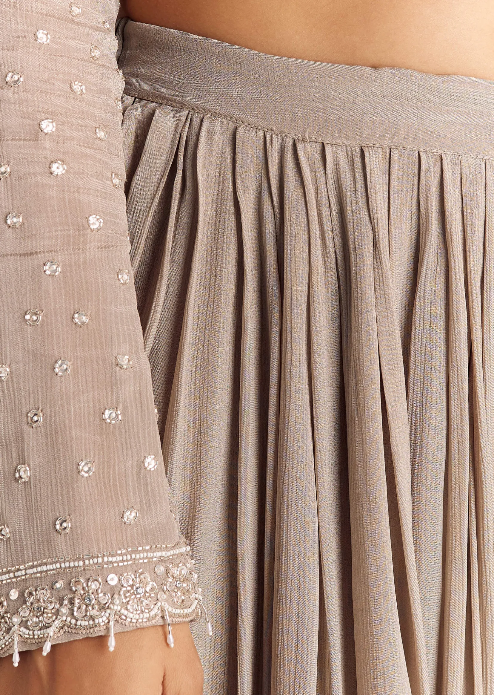 Light Brown Kurta Set With Sequins Palazzo And Dupatta