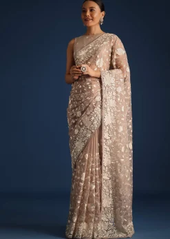 Light Brown Organza Resham Thread Embroidered Saree