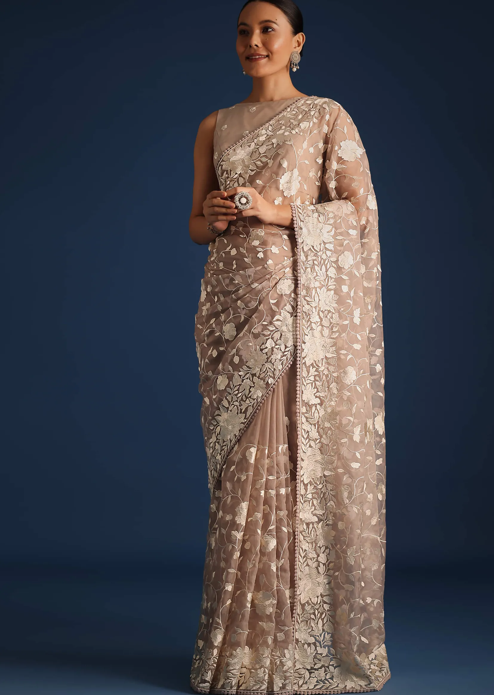 Light Brown Organza Resham Thread Embroidered Saree