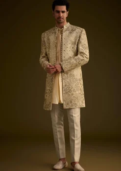 Light Gold Silk Open Sherwani Set With Zardosi Handwork
