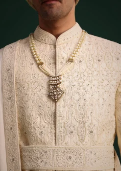 Light Gold Silk Sherwani Set With Kamarbandh And Mala