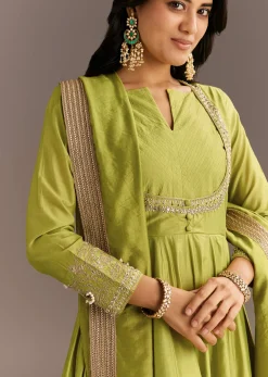 Light Green Chanderi Anarkali With Gotta Moti Neckline And Lace Dupatta