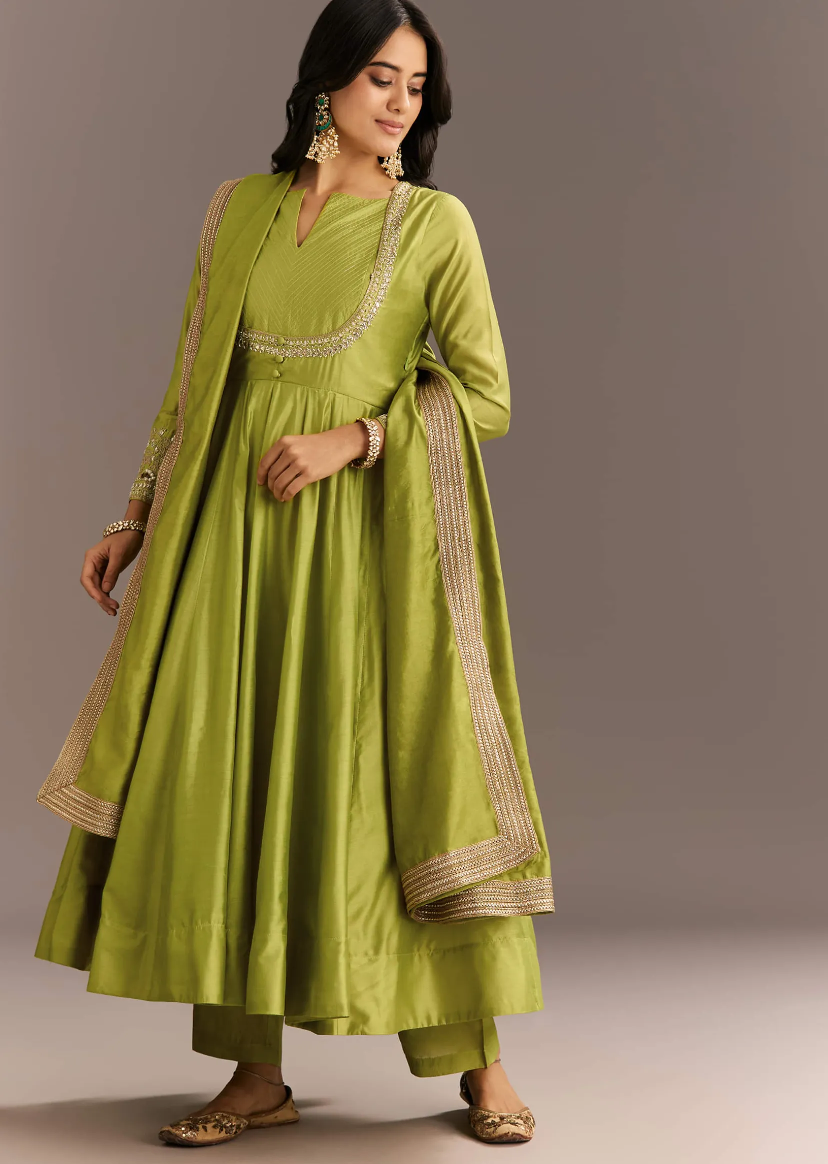 Light Green Chanderi Anarkali With Gotta Moti Neckline And Lace Dupatta
