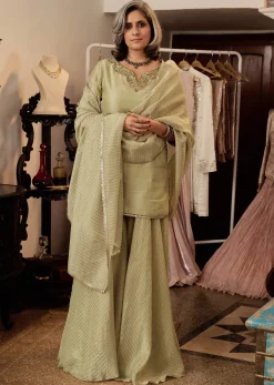 Light Green Chanderi Kurta Palazzo Set With Organza Dupatta