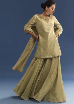Light Green Chanderi Kurta Palazzo Set With Organza Dupatta