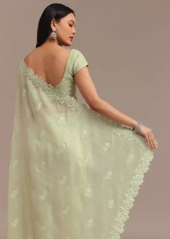Light Green Crushed Tissue Saree With Resham Embroidered Border
