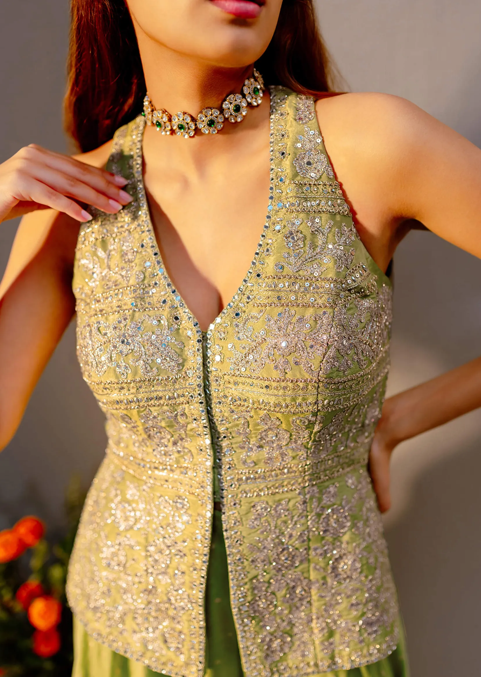 Light Green Embroidered Tissue Kurta Palazzo With Dupatta