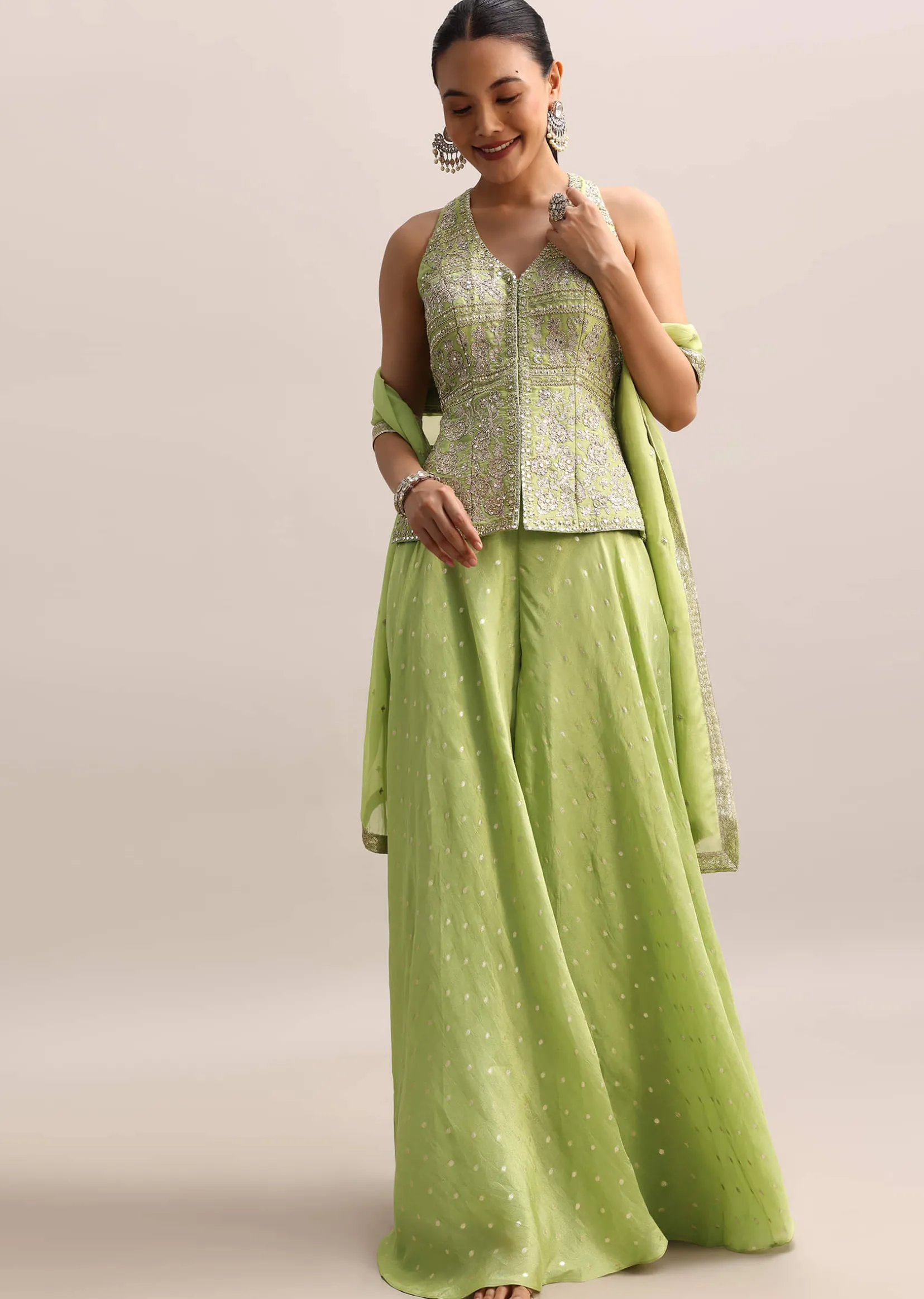 Light Green Embroidered Tissue Kurta Palazzo With Dupatta