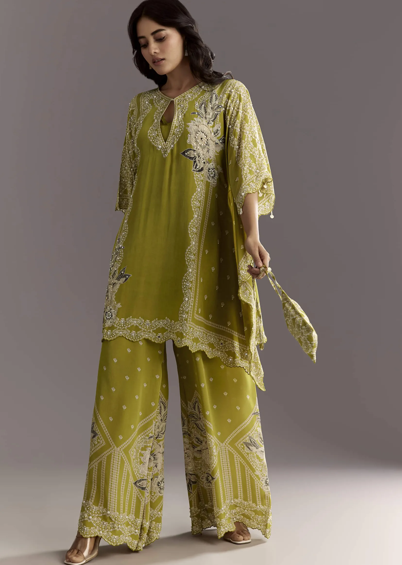 Light Green Floral Printed Kaftaan Kurta With Moti Work Palazzo And Side Pouch Bag