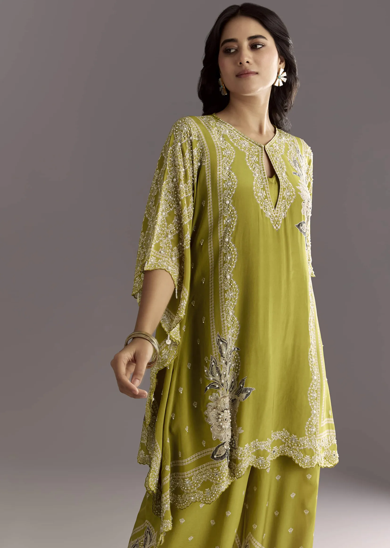 Light Green Floral Printed Kaftaan Kurta With Moti Work Palazzo And Side Pouch Bag