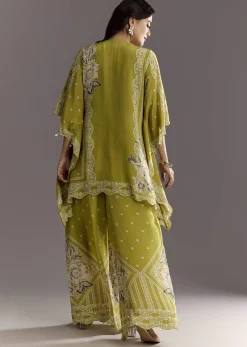 Light Green Floral Printed Kaftaan Kurta With Moti Work Palazzo And Side Pouch Bag