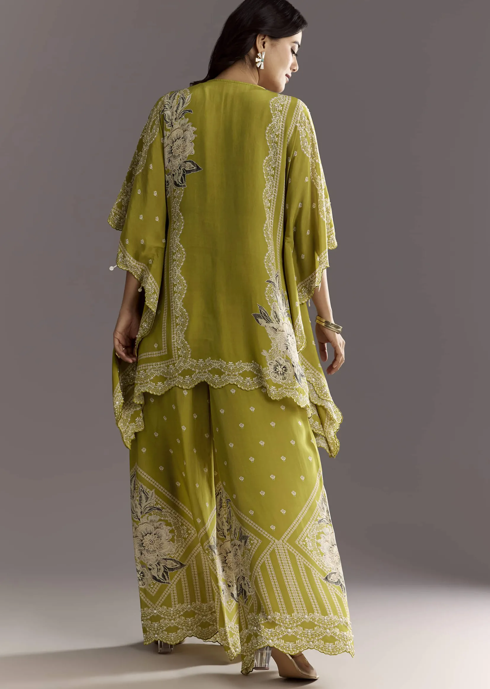 Light Green Floral Printed Kaftaan Kurta With Moti Work Palazzo And Side Pouch Bag