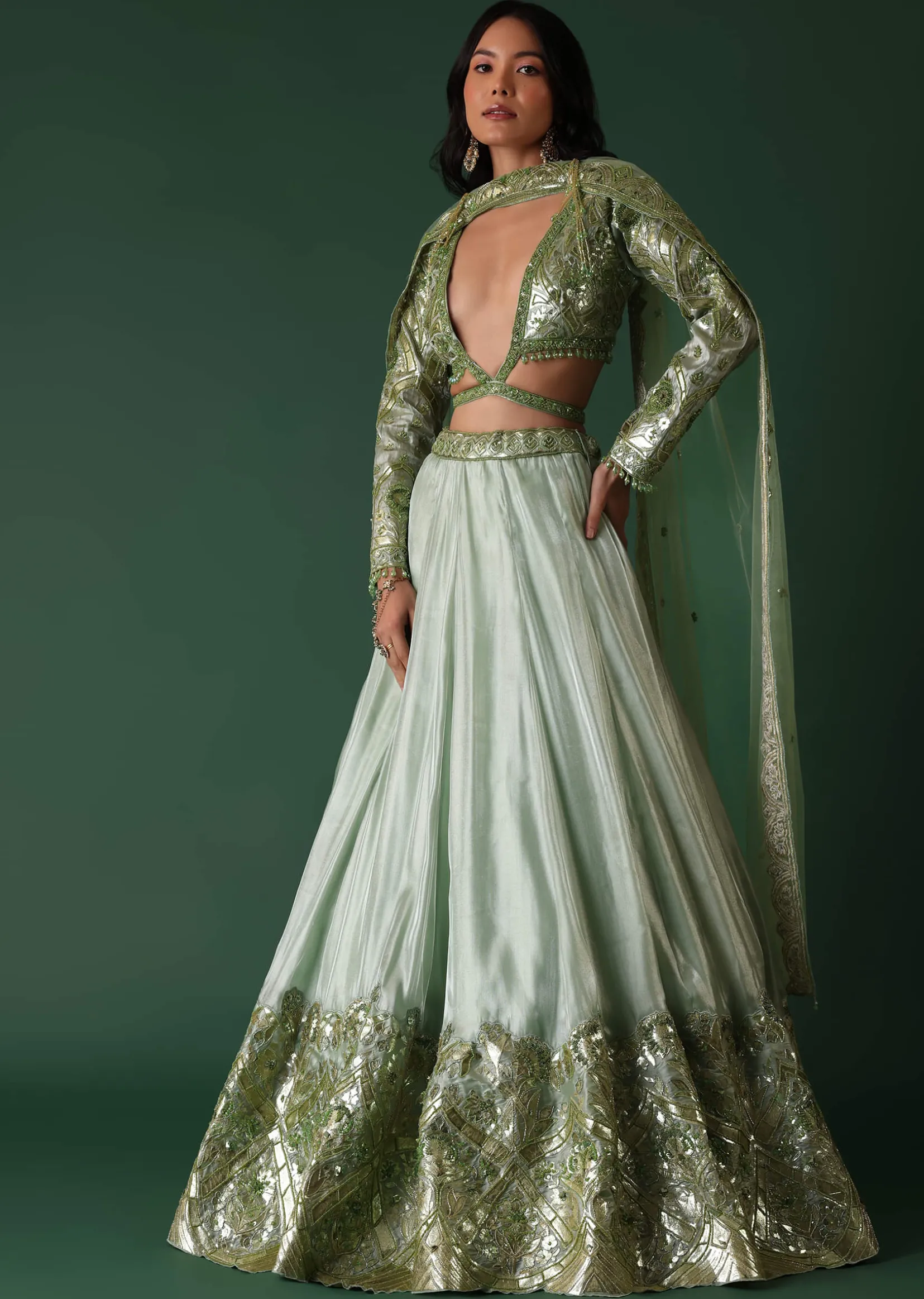 Light Green Foil Printed Bridal Lehenga And Blouse In Organza