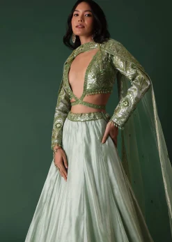 Light Green Foil Printed Bridal Lehenga And Blouse In Organza