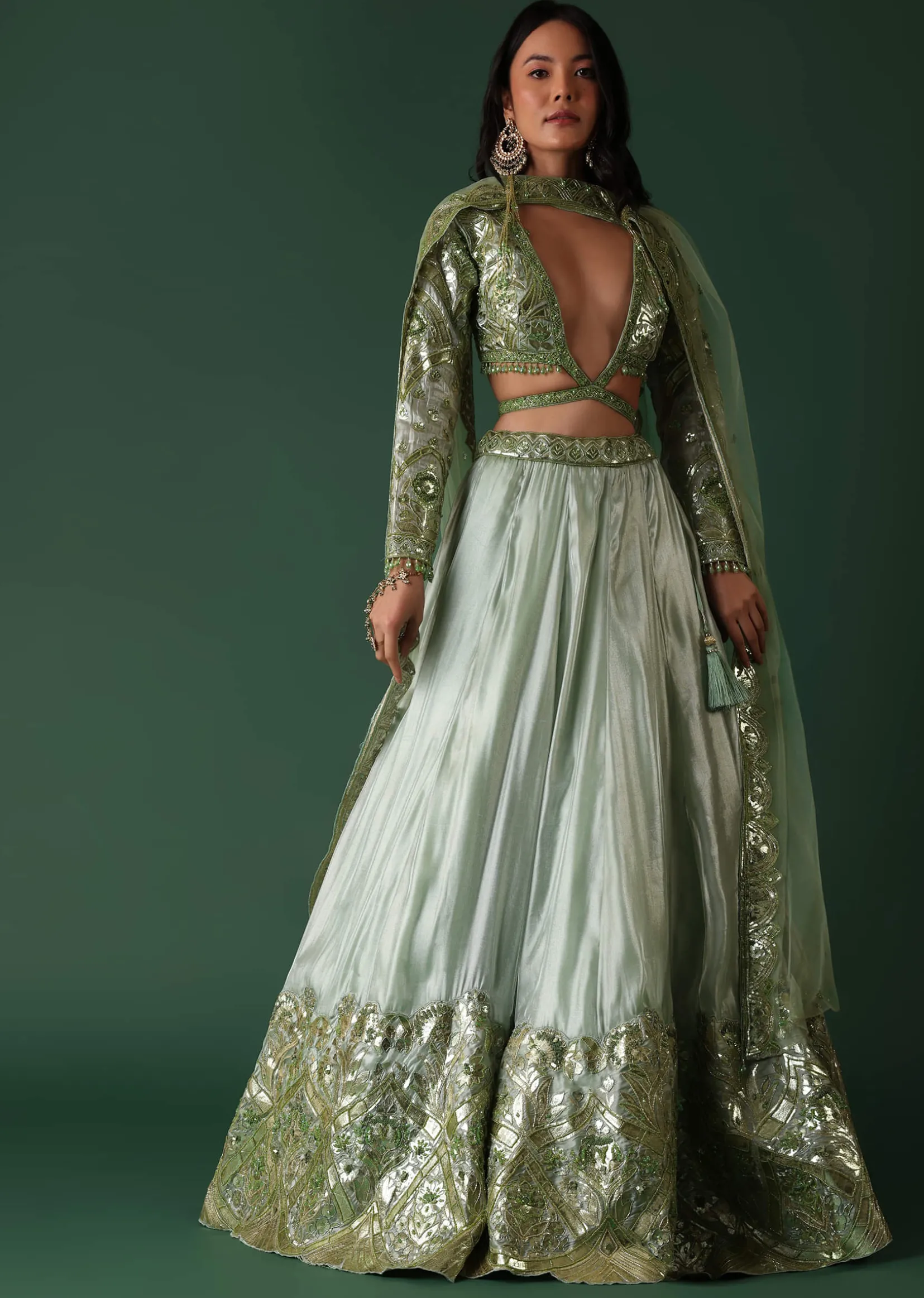 Light Green Foil Printed Bridal Lehenga And Blouse In Organza