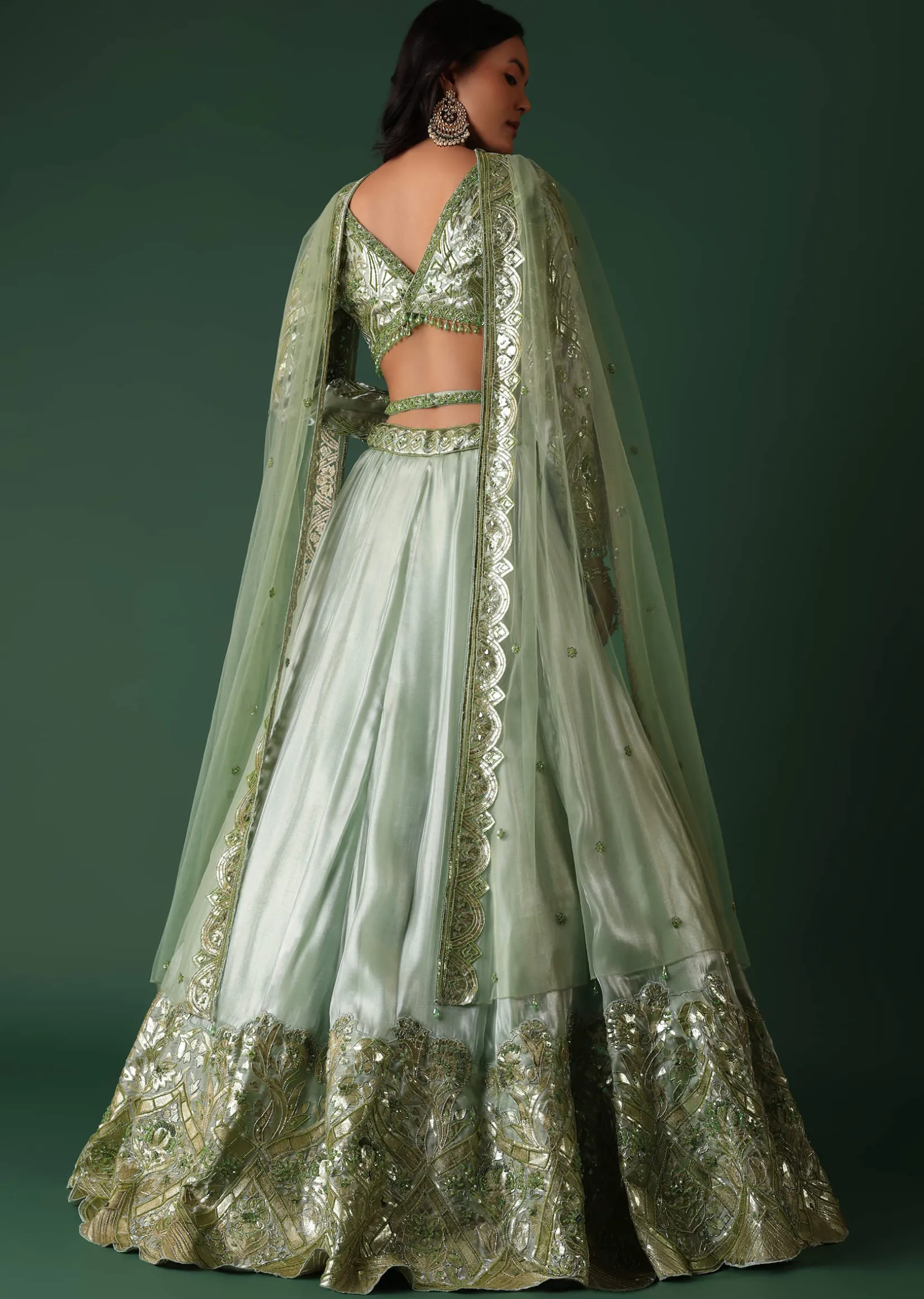 Light Green Foil Printed Bridal Lehenga And Blouse In Organza