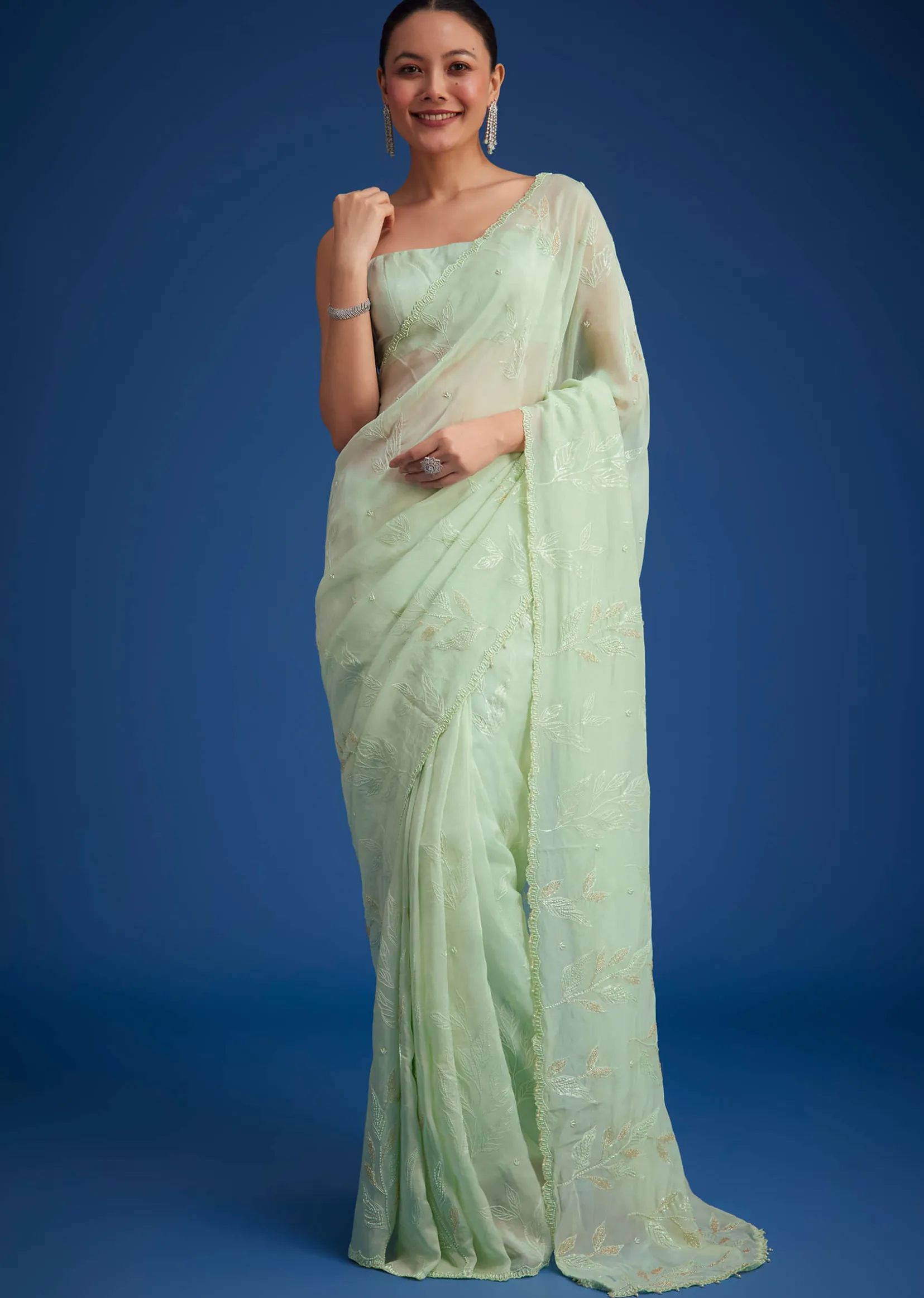 Light Green Georgette Saree With Cutdana And Bead Embroidery