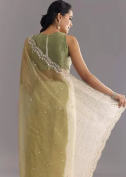 Light Green Glossy Crushed Tissue Saree With Cutdana Sequins Embroidery And Scallop Border