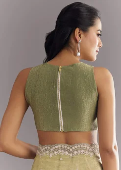 Light Green Glossy Crushed Tissue Saree With Cutdana Sequins Embroidery And Scallop Border
