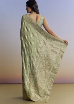 Light Green Jacquard Silk Saree With Zari Woven Embroidery