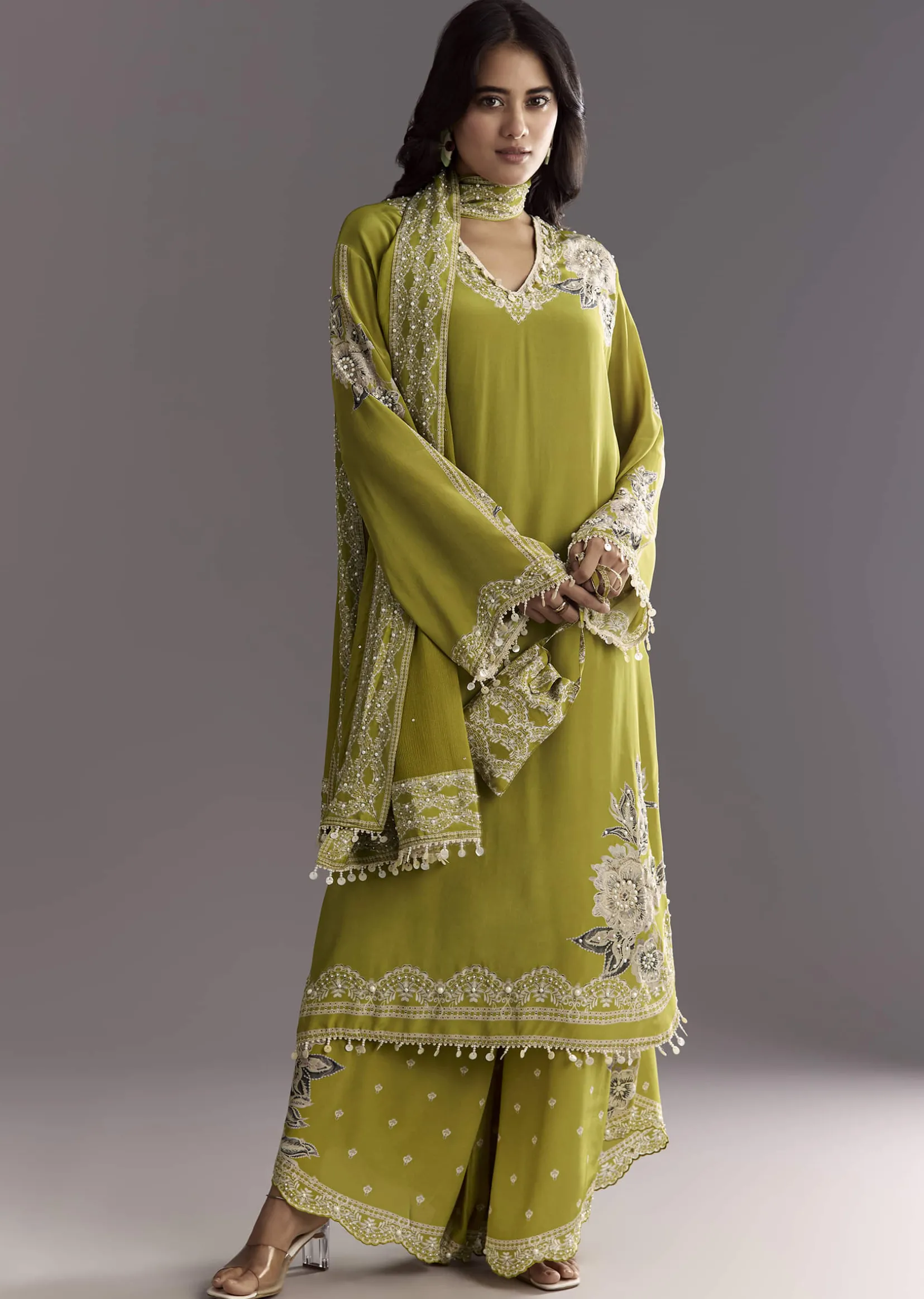 Light Green Moti Embroidered Kurta With Printed Palazzo