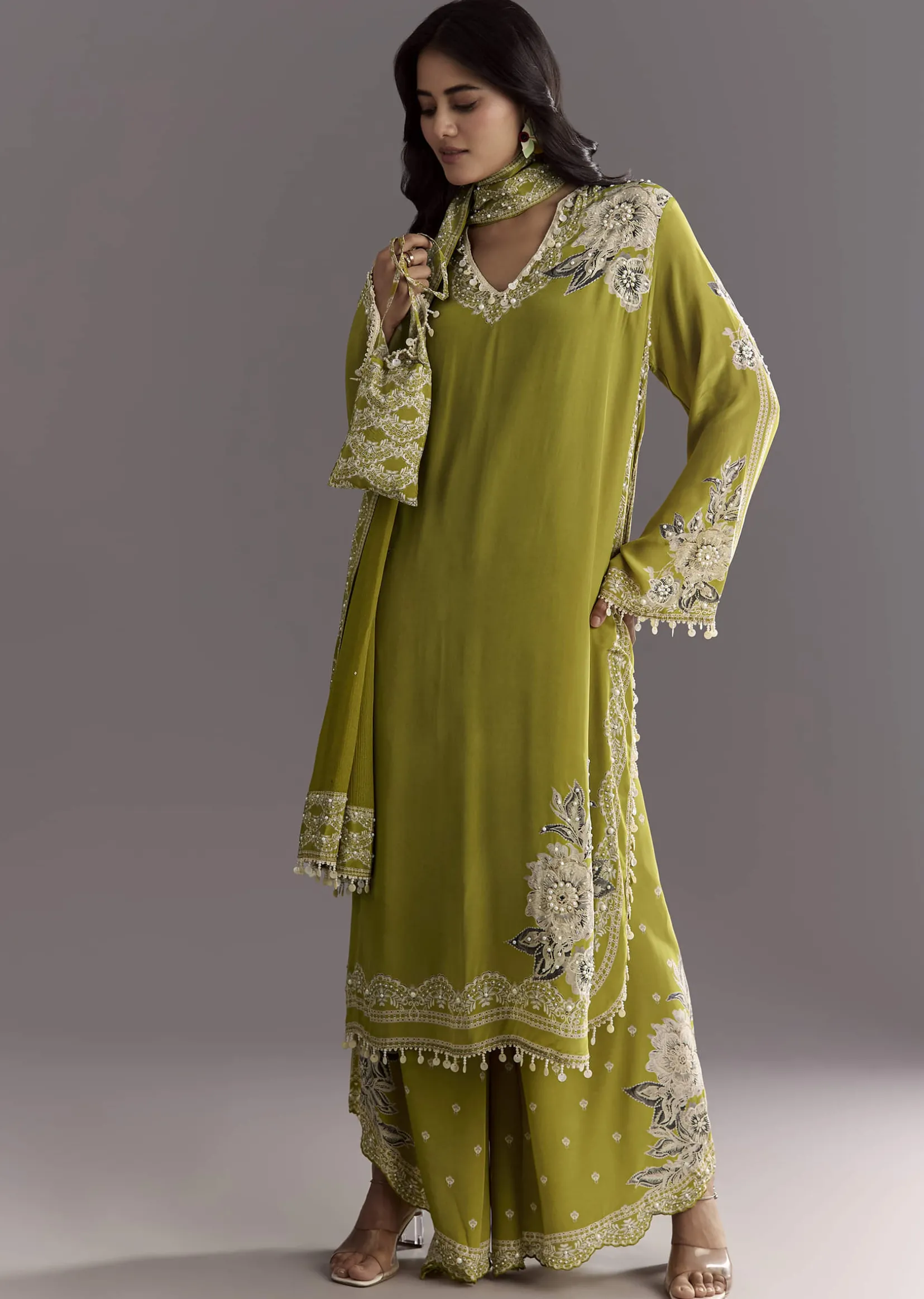Light Green Moti Embroidered Kurta With Printed Palazzo
