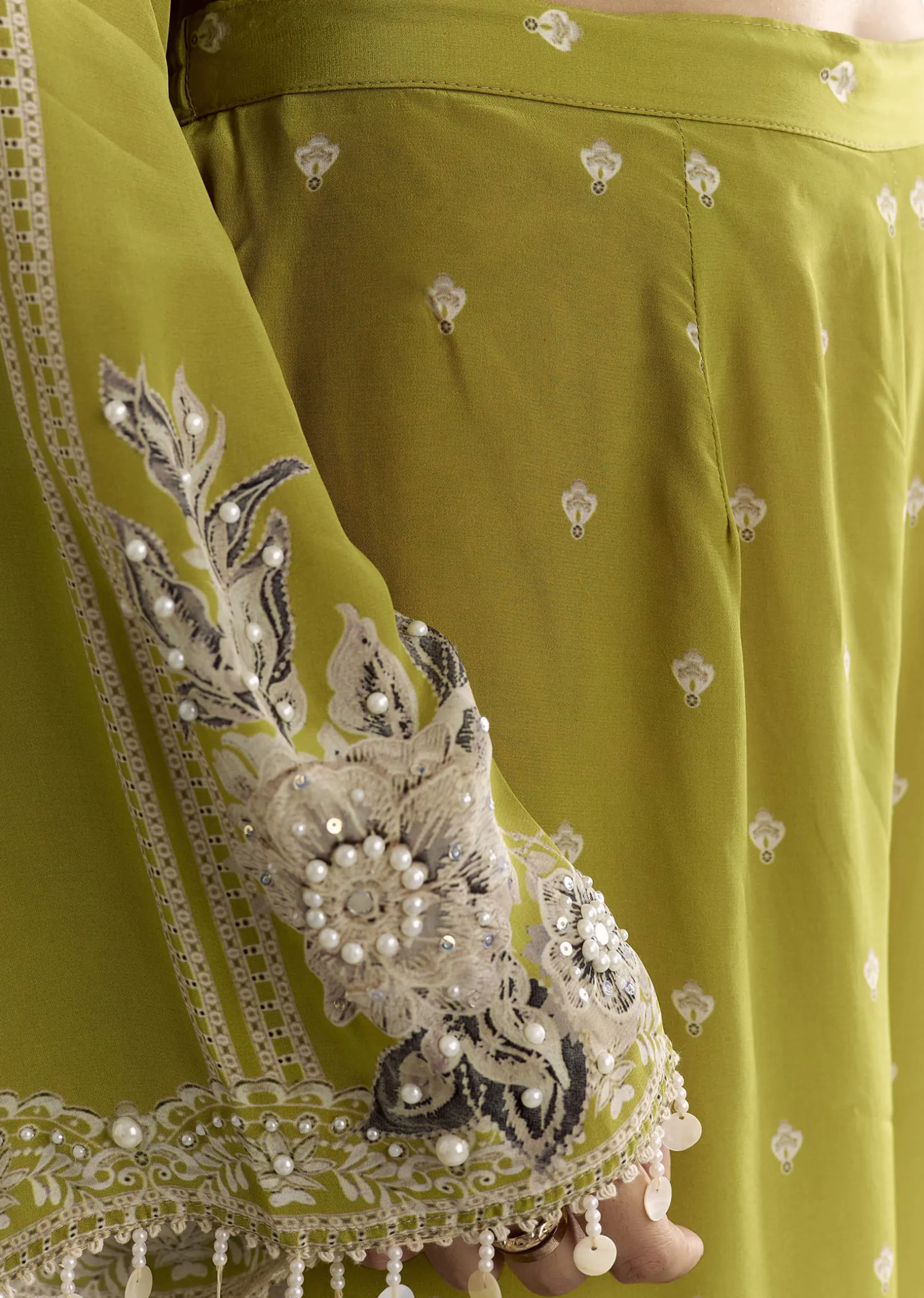 Light Green Moti Embroidered Kurta With Printed Palazzo