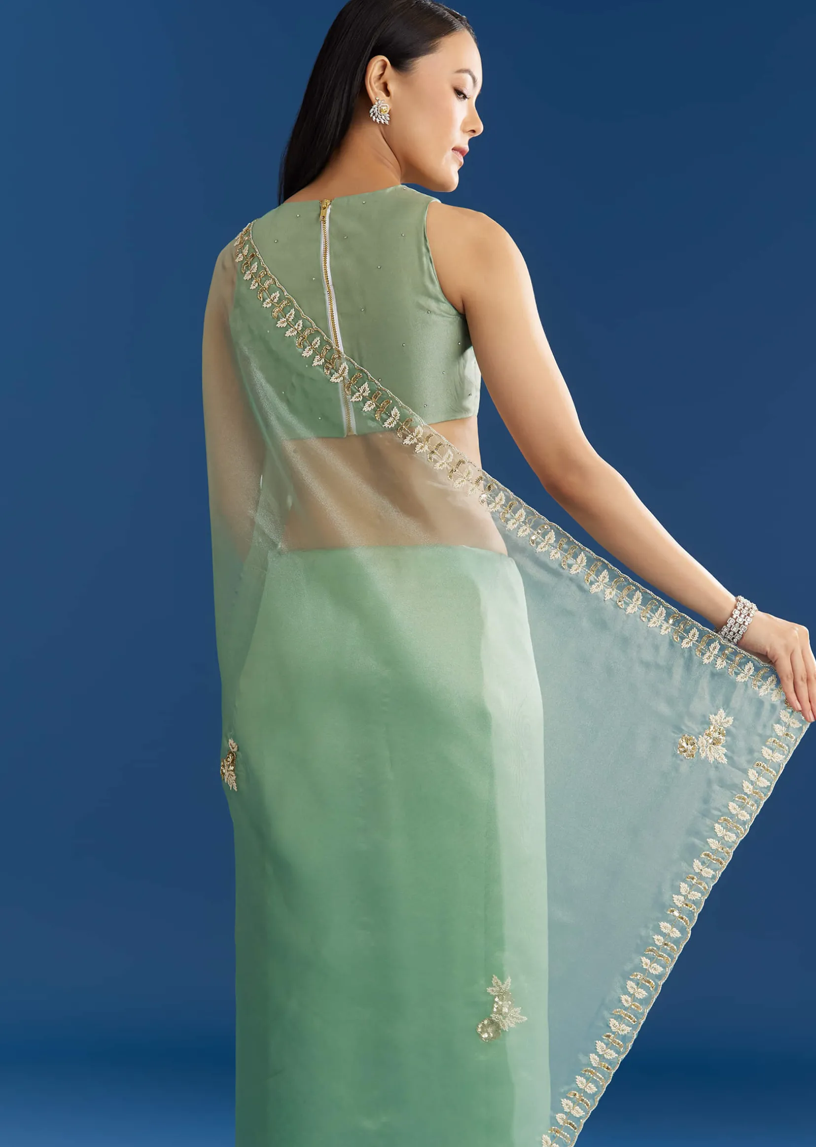 Light Green Organza Tissue Saree With Beaded Scallop Edge