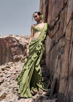 Light Green Pre Stitched Layered Frill Saree With Blouse