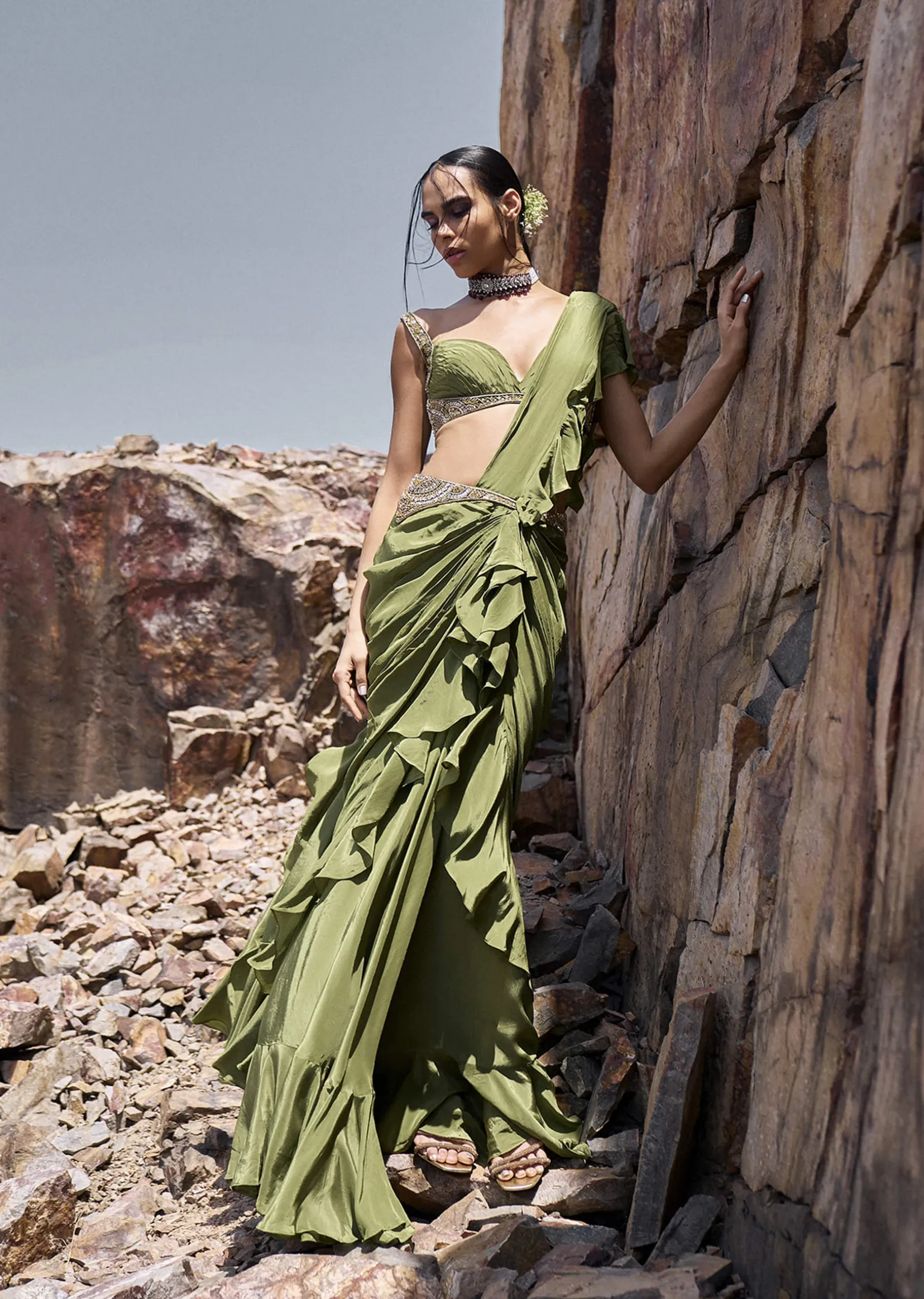 Light Green Pre Stitched Layered Frill Saree With Blouse