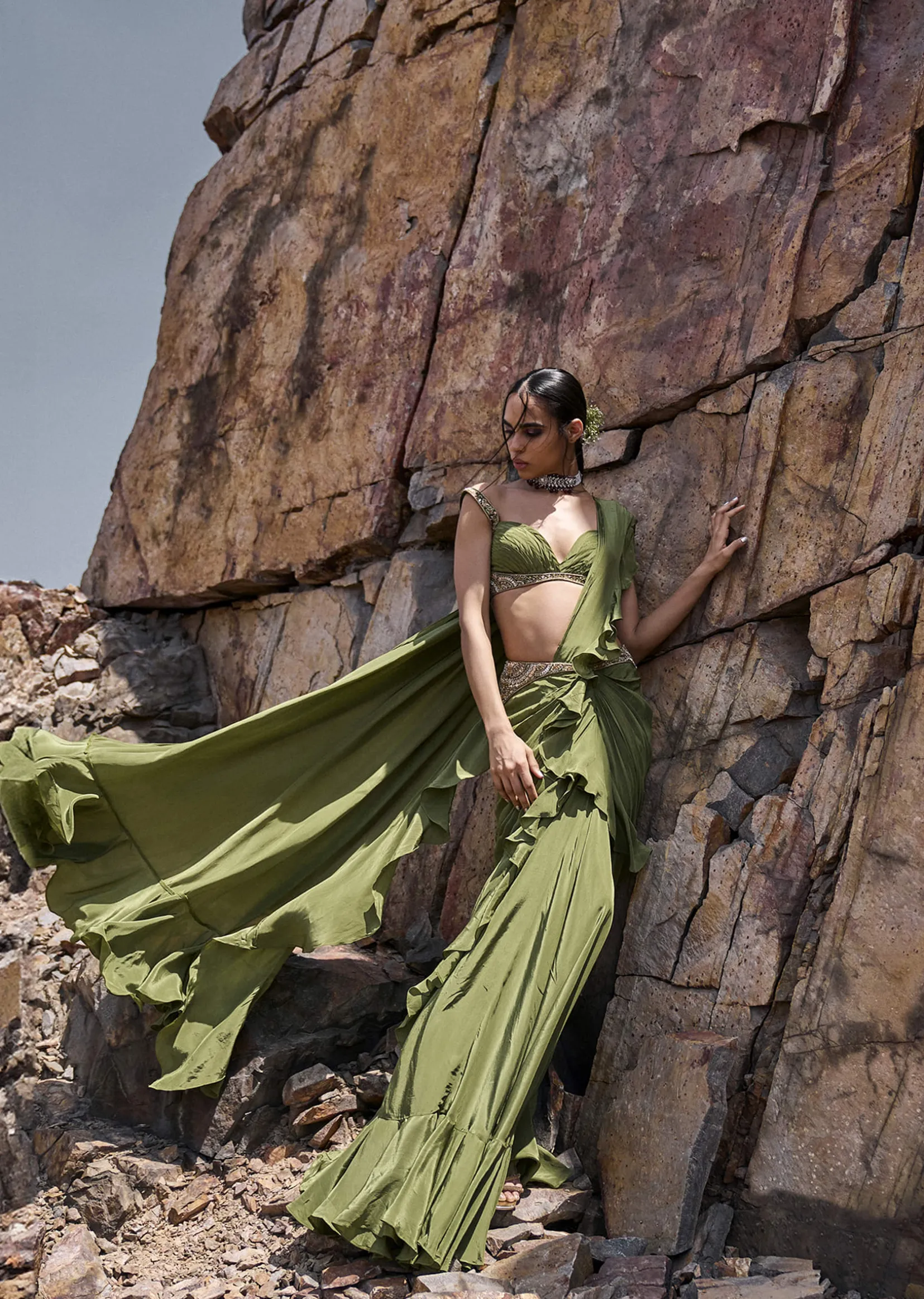 Light Green Pre Stitched Layered Frill Saree With Blouse