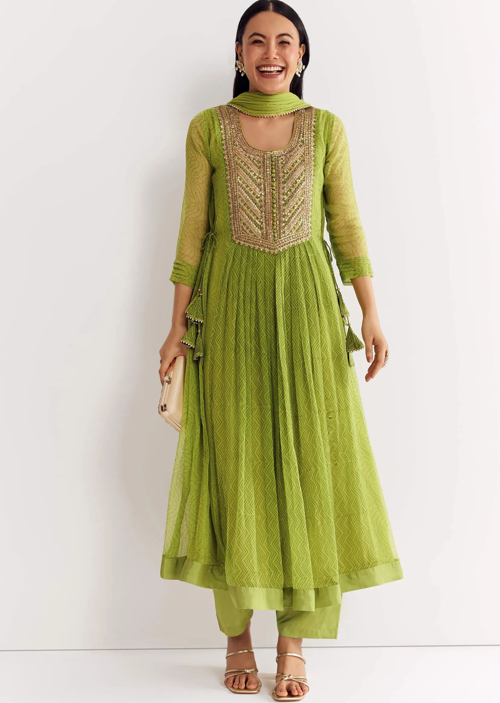 Light Green Printed Chiffon Kurta Dupatta Set With Sequin Work