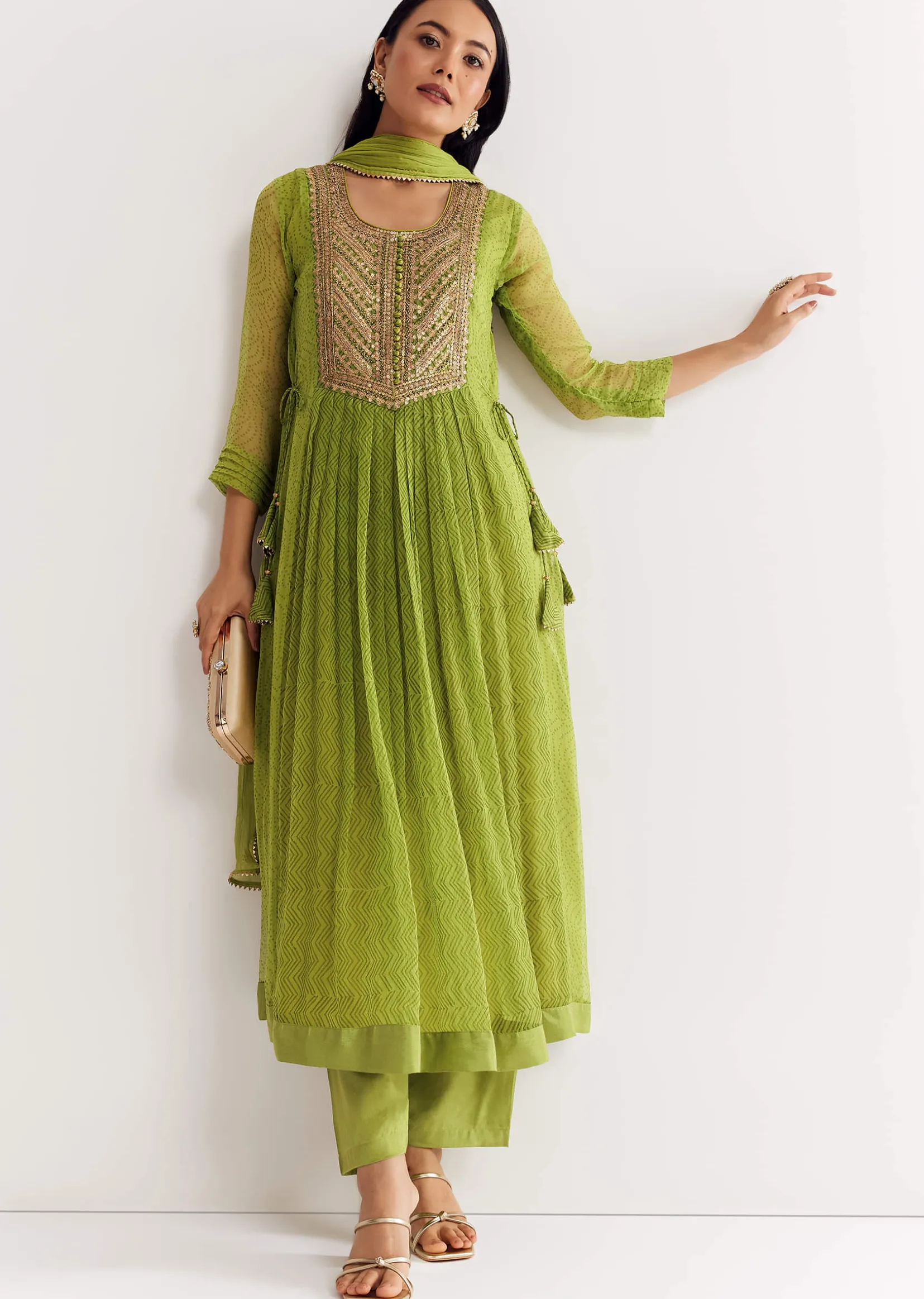 Light Green Printed Chiffon Kurta Dupatta Set With Sequin Work