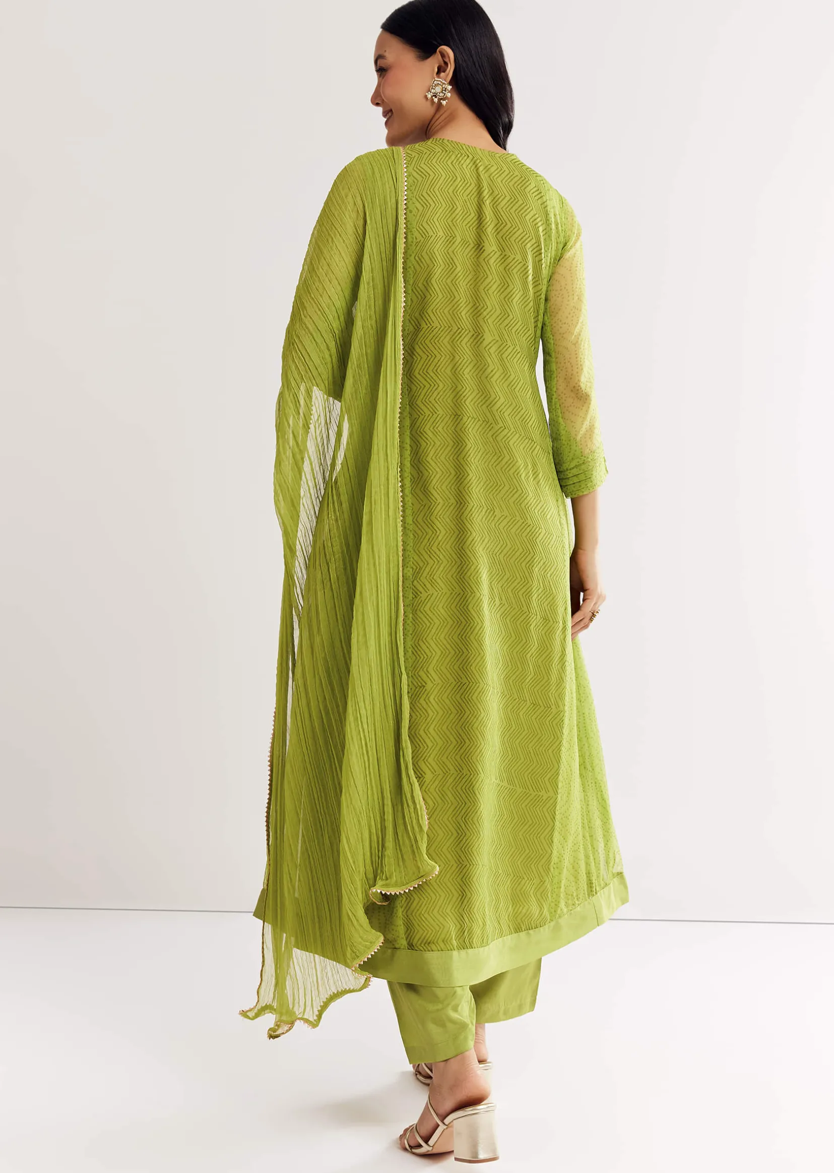 Light Green Printed Chiffon Kurta Dupatta Set With Sequin Work